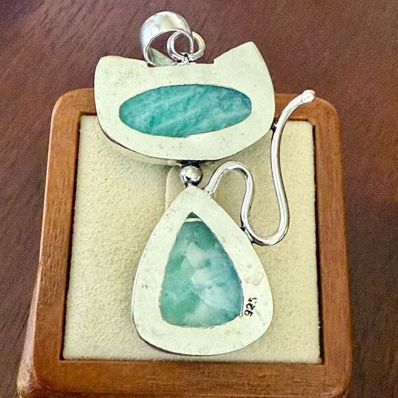 Larimar Amazonite Gemstone Cat Necklace Pendant Womens Casual Boho Jewelry New - Picture 4 of 5